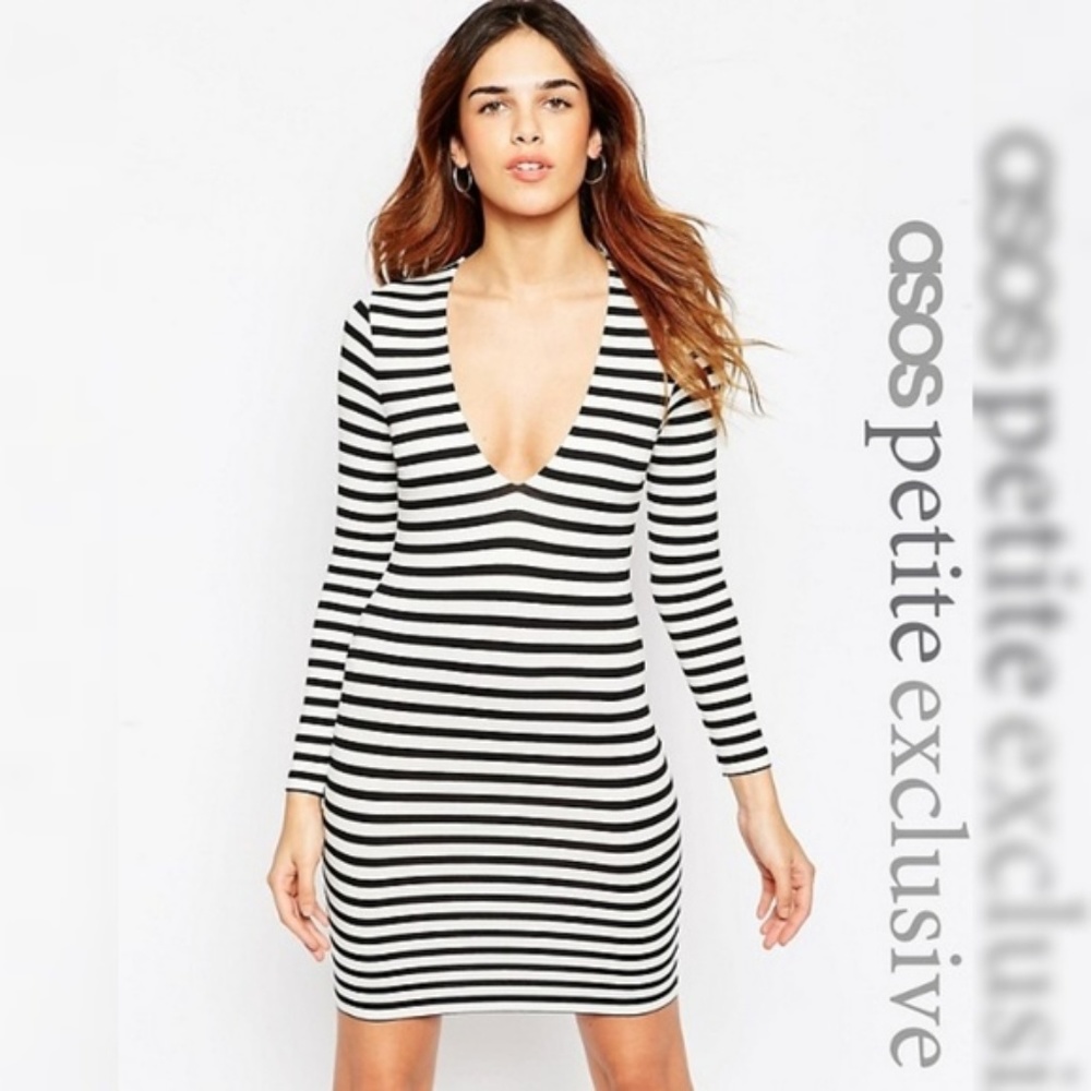 ASOS PETITE Super Plunge V-Neck Stripe Dress US 2